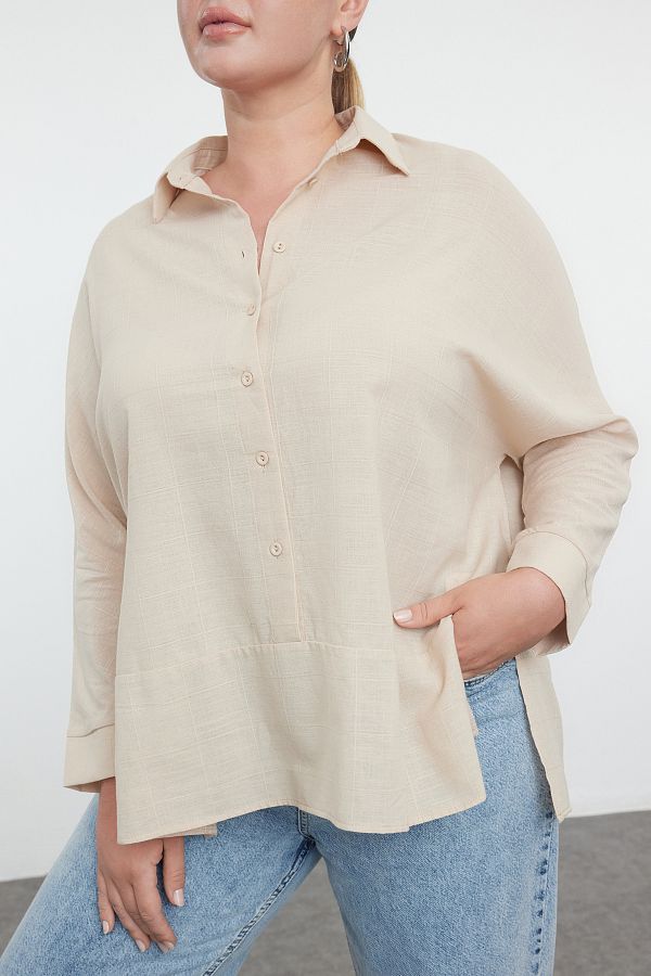 Edit by Trendyol-Beige Large Size Linen Woven Shirt - TEDAW25AX00000 1