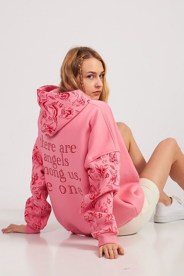 Timbre Oversize Women s Hooded Pink Sweatshirt Rose Gold 3 Thread Winter Thick Fabric Printed Trendyol