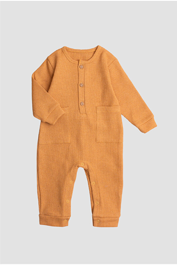 Chicsy Baby Waffle Görselli Ahşap Düğmeli Pamuklu Bebek Tulum