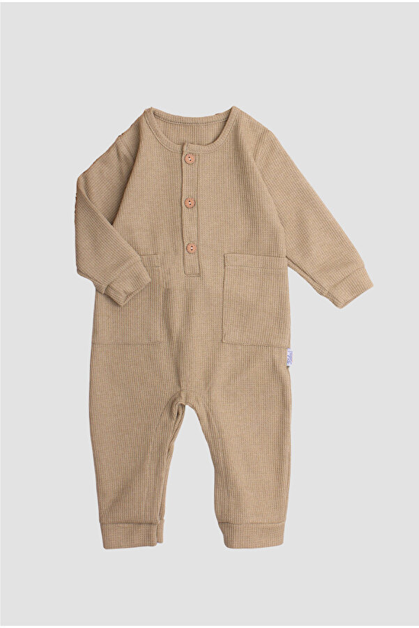 Chicsy Baby Waffle Görselli Ahşap Düğmeli Pamuklu Bebek Tulum