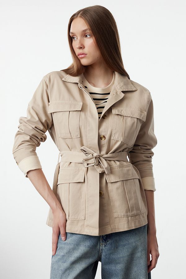 Trendyol Collection-Oversize Denim Jacket with Mink Pocket Detail Belt Twoaw25Ce00037 1