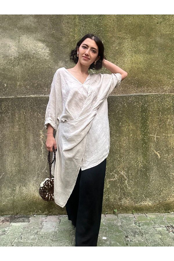 soBasic-Cream Colored Asymmetrical Cut Loose Tunic Shawl Dress - STD 1