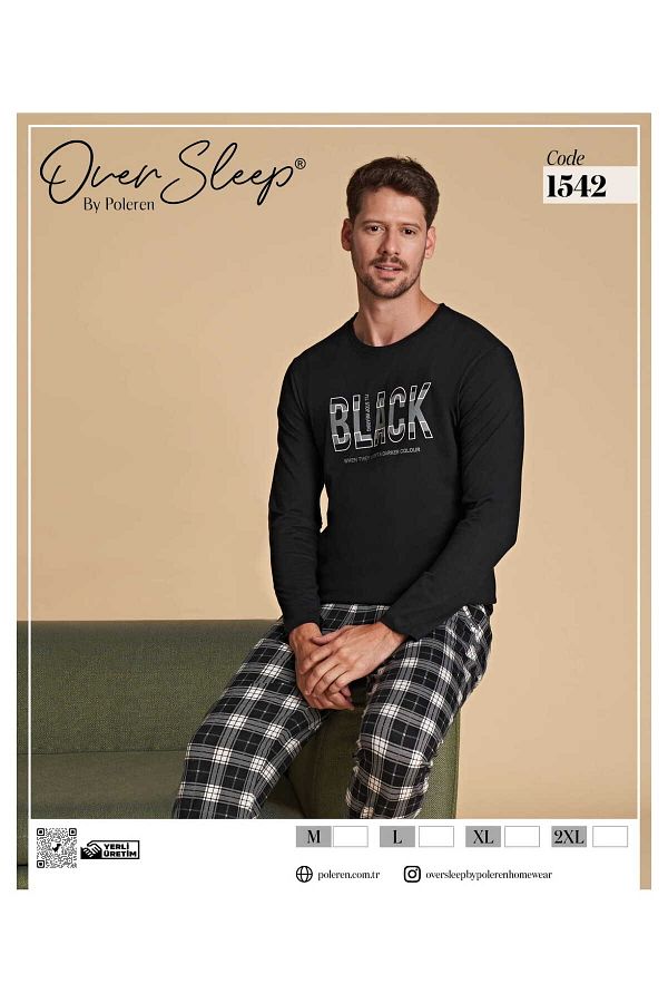 ARAS Over Sleep 1542 Poleren Black Long Sleeve Men s Pajama Set Trendyol