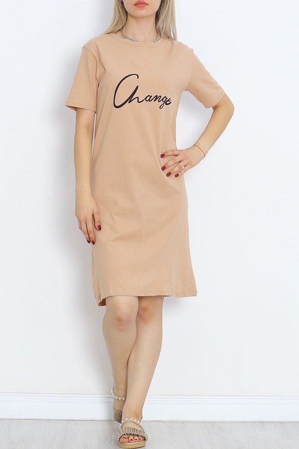 K A Beige CLZ275 Printed Supreme Dress Trendyol