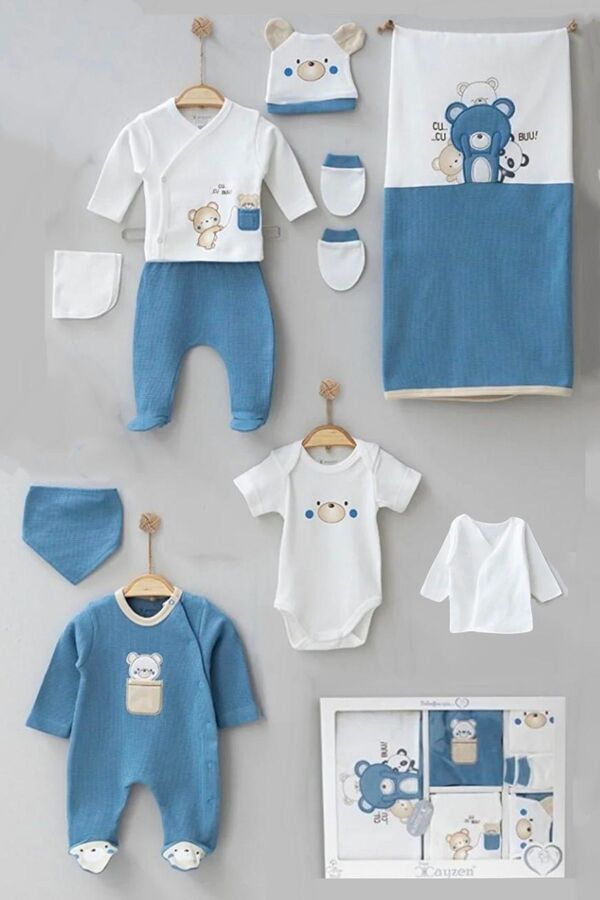 Cherub Baby Waffle Kumaş Ayıcık Baskılı %100 Pamuk Yenidoğan Erkek Bebek 10 Parça Hastane Çıkışı Zıbın Seti