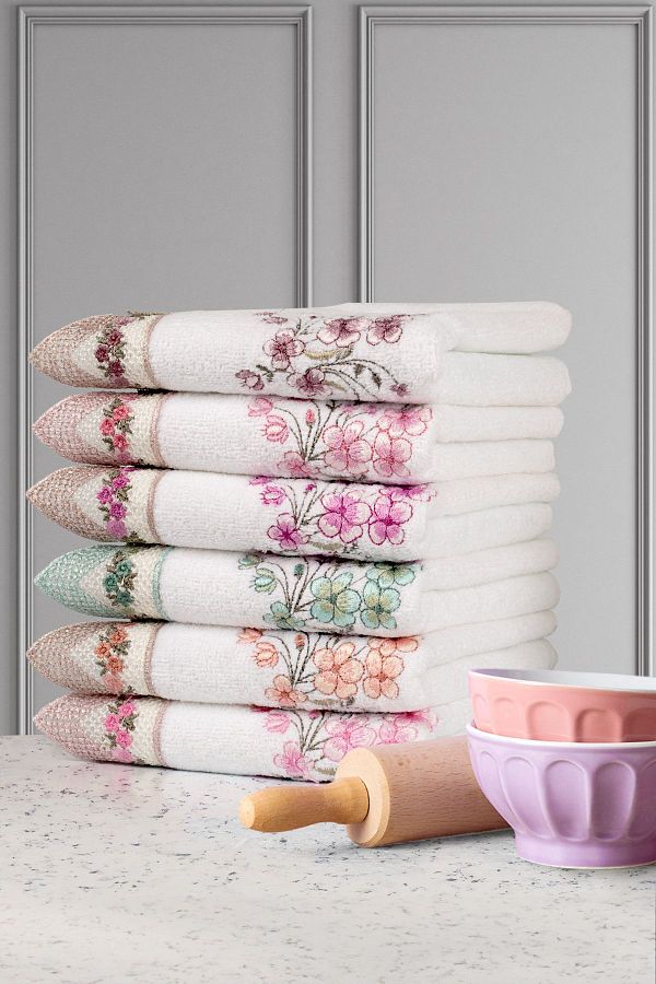 Durul 6 Piece Luxury Kitchen Towel Set 100 Cotton Velvet Embroidered Embroidery 30x50 Laced and Dowry Bowl Trendyol