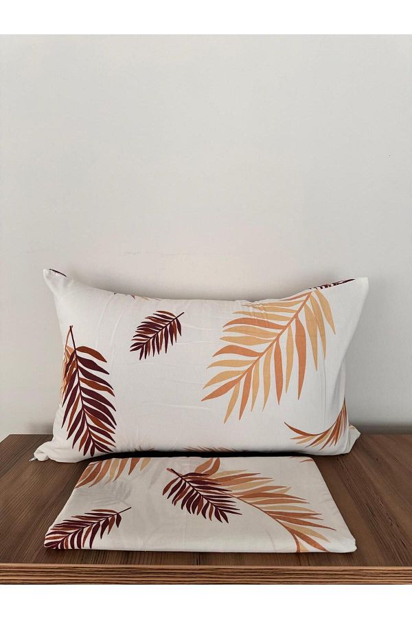 üntaş-Double Brown Feather Patterned Elasticless Sheet and Pillowcase Set 1