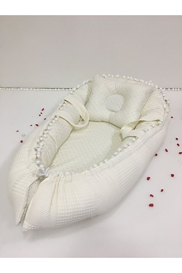 BUSEBABYHOME Krem , Pikeli Ve Ponponlu, Babynest/ana Kucağı/anne Yanı