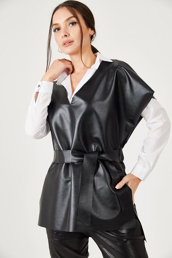 armonika Women s Black V Neck Leather Look Blouse Short in Front and Long in Back Belted Blouse ARM 21K001054 Trendyol