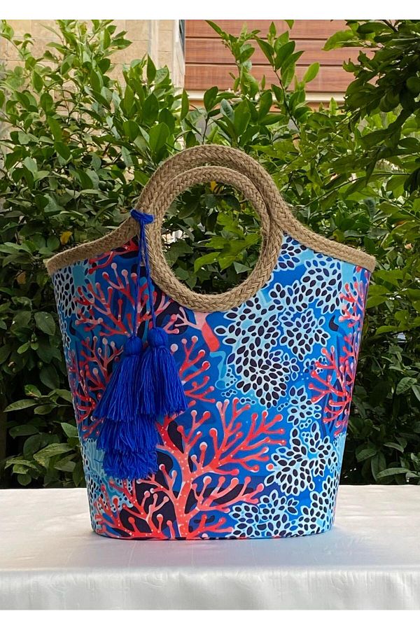 canta tasar mc s Blue Red Jute Straw Coral Beach Bag Trendyol