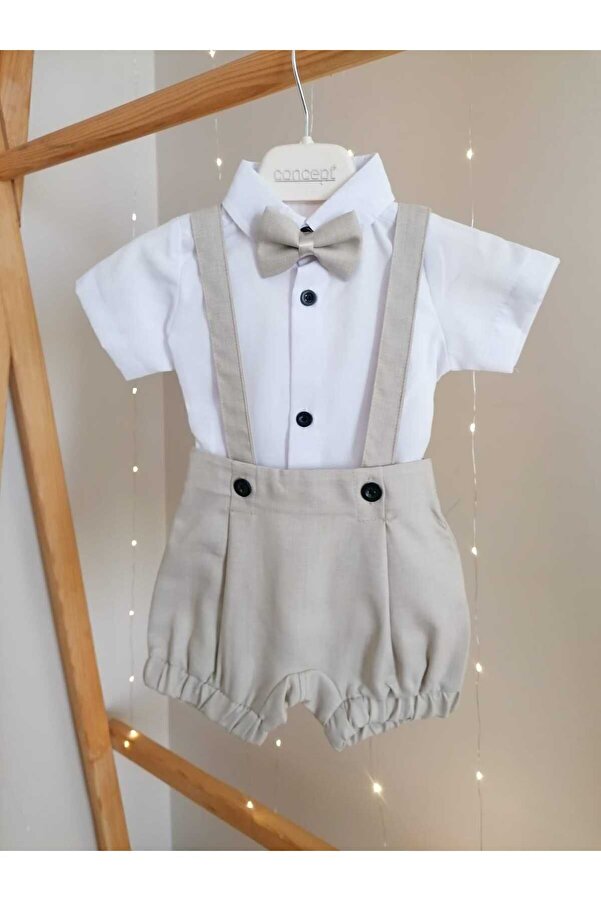 bebeksen Papyonlu 3'lü Şortlu Bej Klasik Erkek Bebek Salopet Takım Özel Gün Kıyafeti Düğün Bebek Hediyesi