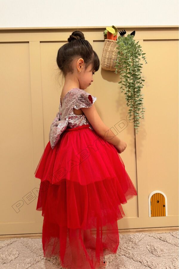 penu baby kids Kırmızı Payetli Kısa Kol Tül Etekli Kız Bebek Elbise - Elizabeth