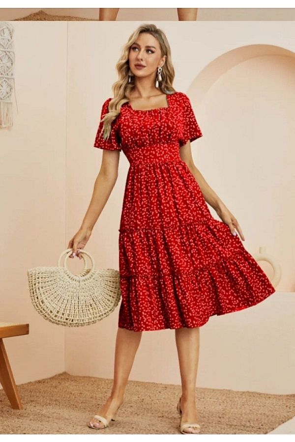 GENÇ MODA-Rochie din viscoză cu imprimeu inimă roșie cu gât pătrat 1