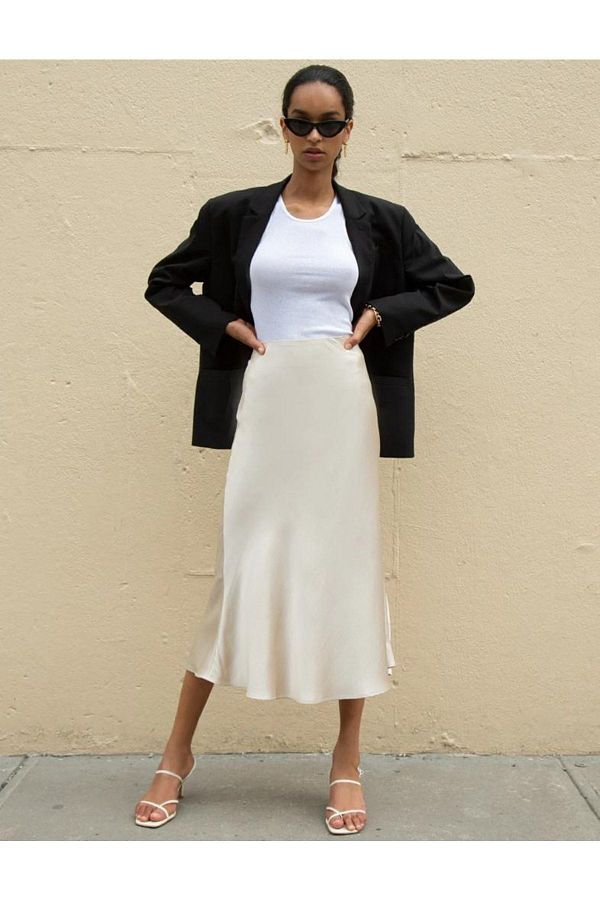 afeta Beige Satin Midi Skirt Trendyol