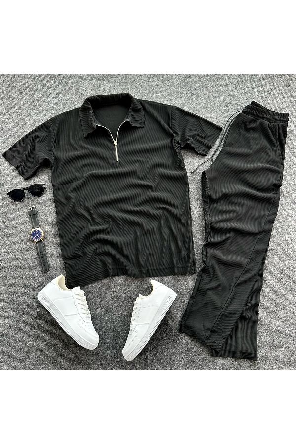 viperkombin Lycra Ribbed Polo T Shirt and Baggy Pants Set Set of 2 Trendyol
