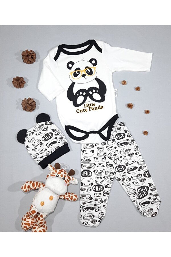 minibird baby Panda Baskılı 3'lü Zıbın Seti