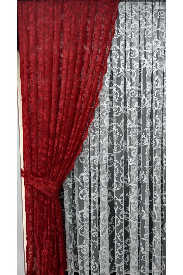 Art Perde-Red Ivy Patterned Tulle Background Curtain - Model with 2 Wings and Laces 1