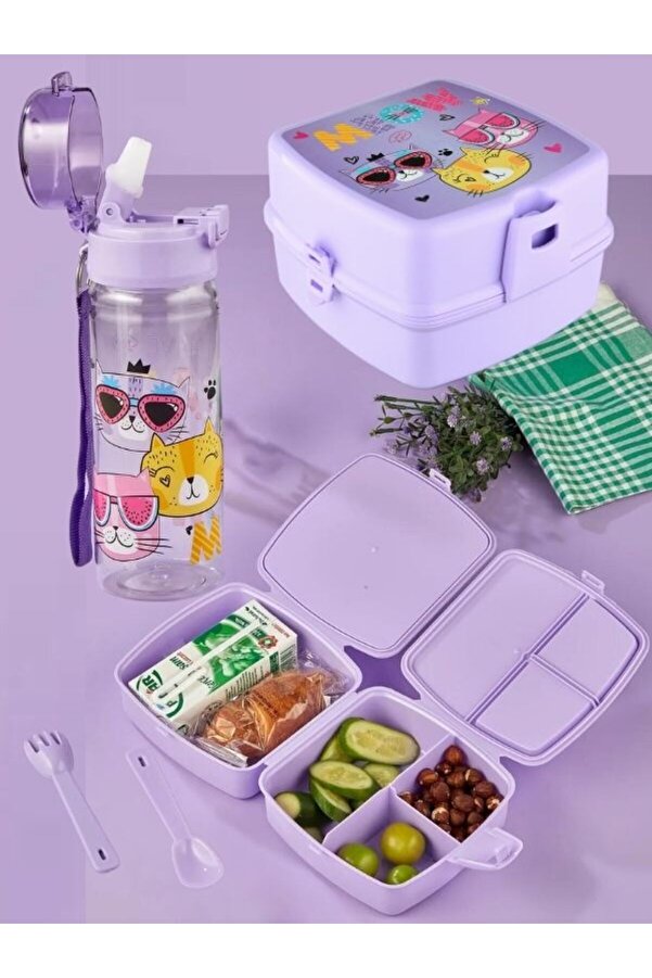 OPTİZON MEOW KEDİ 2'Lİ SET KARE BESLENME KUTUSU ve MEOW KEDİLİ SULUK MATARA