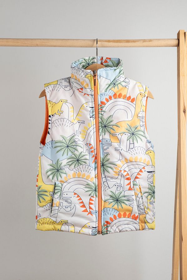 MAİBELLA-White Dinosaur Patterned Zippered Unisex Inflatable Vest Functional and Stylish 1