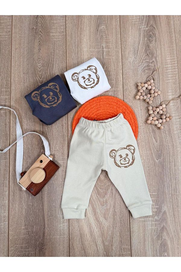 Bolly Baby Teddy Bear Printed 3 Piece Combed Cotton Bottom Set for Newborn Babies Trendyol