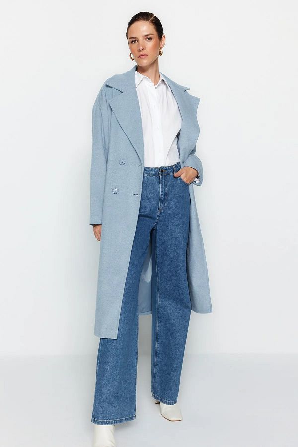 Trendyol Collection-Blauer, übergroßer, weit geschnittener, langer Wollmantel mit Stempelmuster TWOAW21KB0038 1