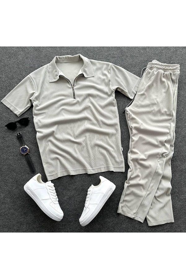 viperkombin Lycra Ribbed Polo T Shirt and Baggy Pants Set Set of 2 Trendyol