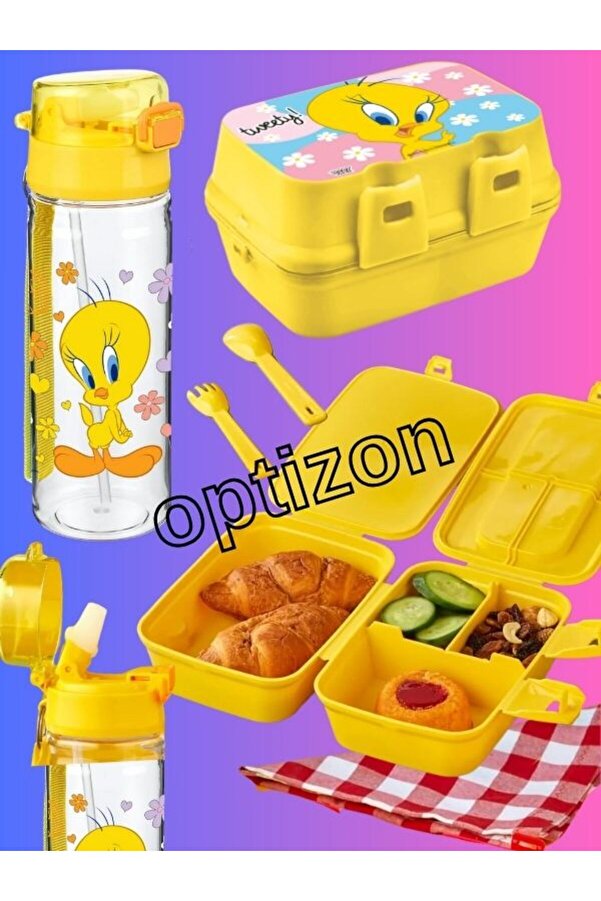 OPTİZON TWEETY 2'Lİ SET DİKDÖRTGEN TWEETY BESLENME KUTUSU ve TWEETY SULUK MATARA