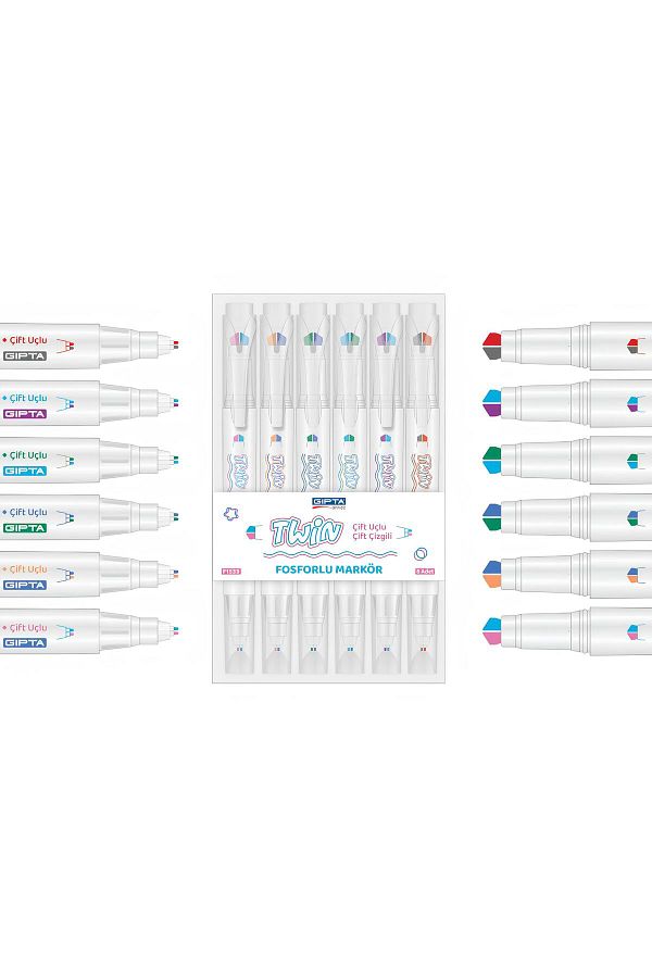 Gıpta-2024 Product - Phosphorescent Fineliner Marker, 3D Double Line Twin, 6 Colors Set 1