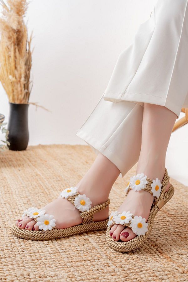 LEM SHOES Women s Low Sole Sandals with Straw Transparent Straps Rope Gold Trendyol