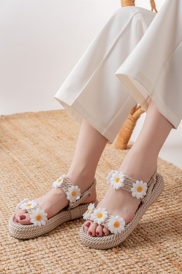 LEM SHOES Women s Sandals Rope Straw Transparent Strap High Sole Cream Trendyol