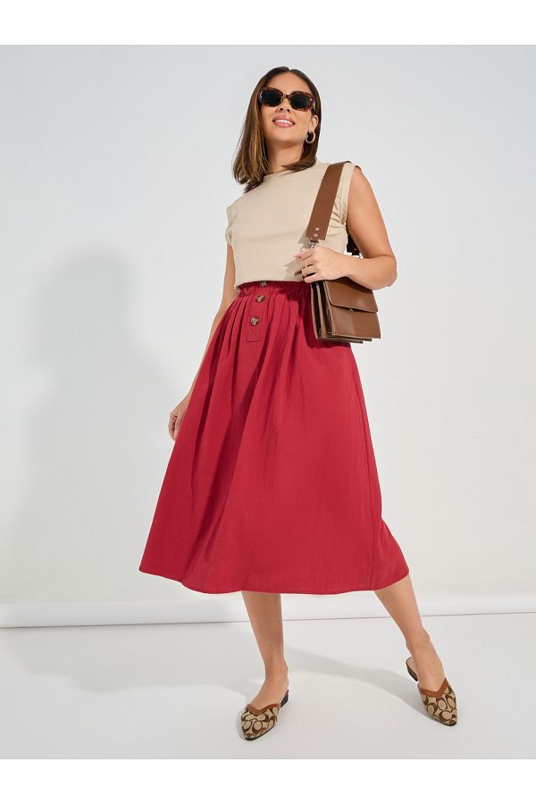 Causey By Styli Paperbag Waist Midi Skirt with Button Detail Trendyol