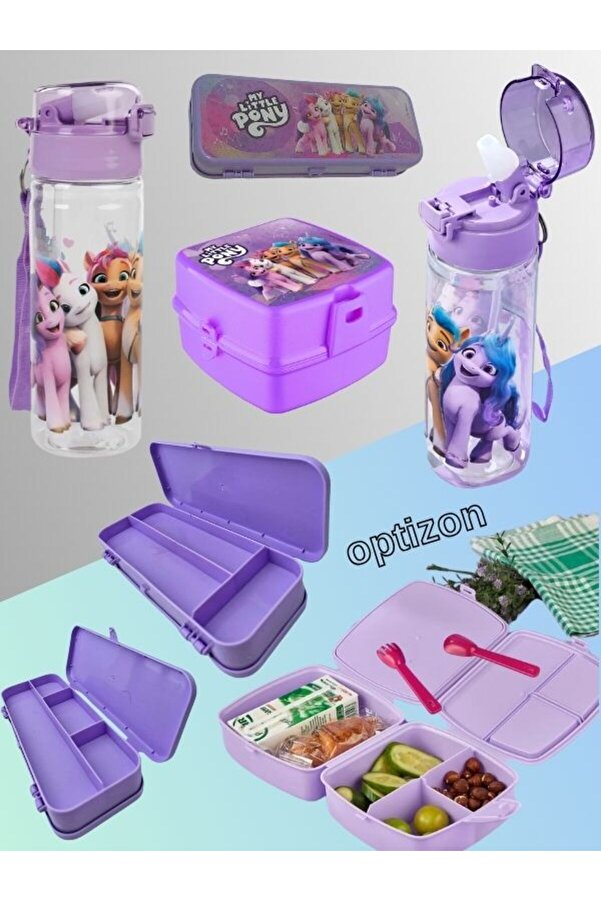 OPTİZON PONNY 3'lü Kırtasiye Seti 4 Bölmeli KARE BESLENME Kutusu, Sızdırmaz Matara, 2 Katlı Kalemlik