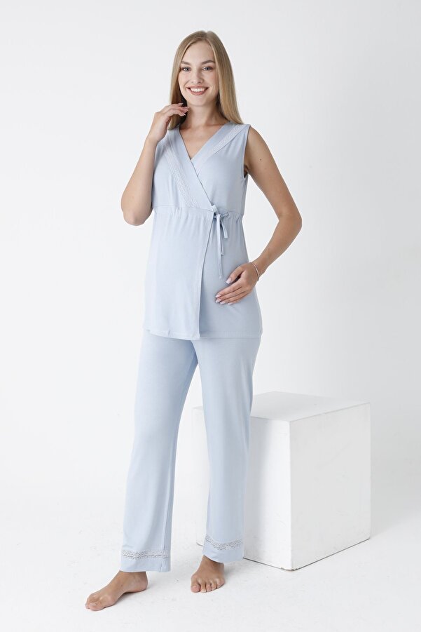 Miss Dünya Lissa Önden Bağlamalı Dantel Detaylı Kolsuz Hamile ve Lohusa Pijama Takımı