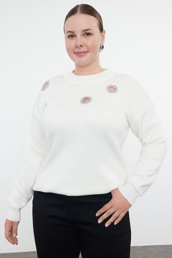 Trendyol Curve-Sweter z dzianiny - w kolorze ecru, ozdobiony klejnotami, TBBAW25AN00036 1