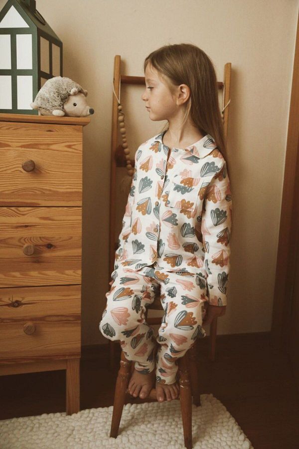 Lolliboomkids Girl s Buttoned Pajama Set Shirt Collar Retro Floral Pastel Colors Home Wear Muslin Cotton Trendyol