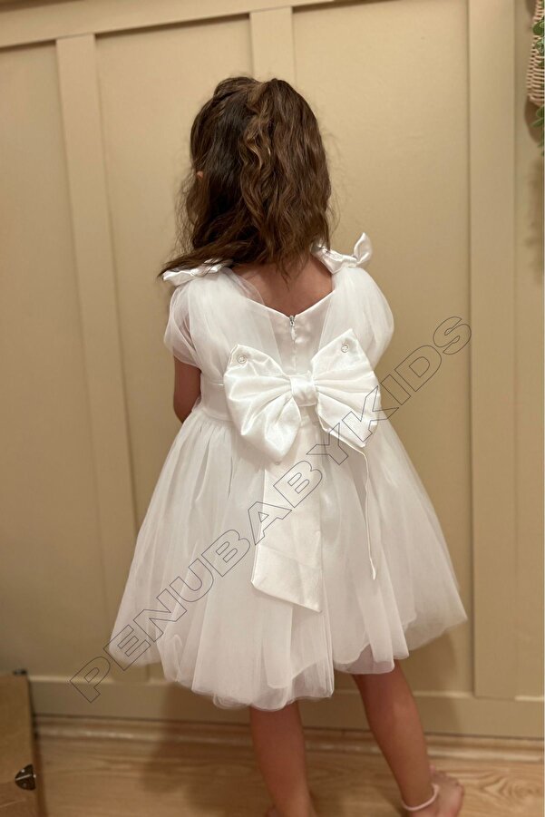 penu baby kids Beyaz Omuzdan Fiyonklu Tül Kız Bebek Elbise - Bow