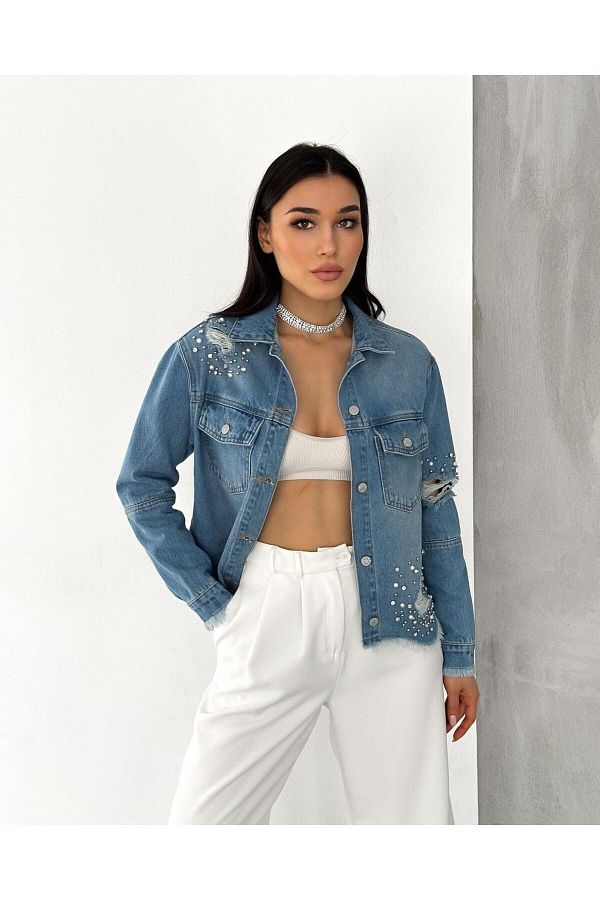 Pienk Women s Denim Jeans Jacket Bead Embroidered and Ripped Coat Trendyol