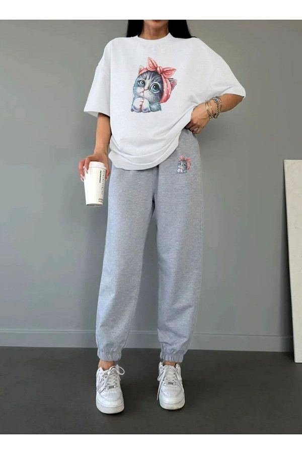 MODAR CH Cute Cat White T Shirt Gray Sweatpants Jogger Bottom Top Tracksuit Set Crew Neck Trendyol