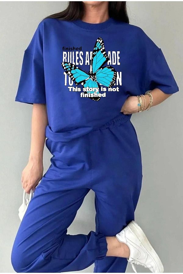 MODAR CH Sax Blue Butterfly Print T Shirt and Sweatpants Set Crew Neck Jogger T Shirt Trendyol