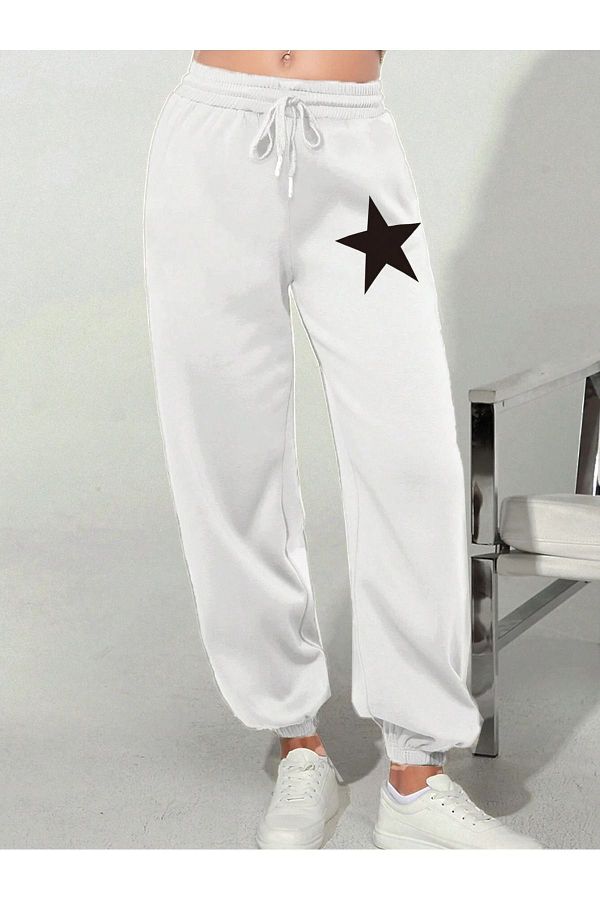 Mythologie Star Sweatpants Jogger White Printed Rubber Leg High Waist Winter Trendyol