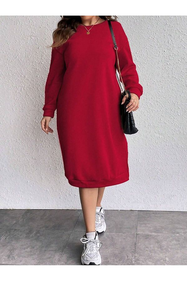 MODAR CH Slit Detailed Winter Sweatshirt Dress Red Oversize Patternless Plain Crew Neck Trendyol