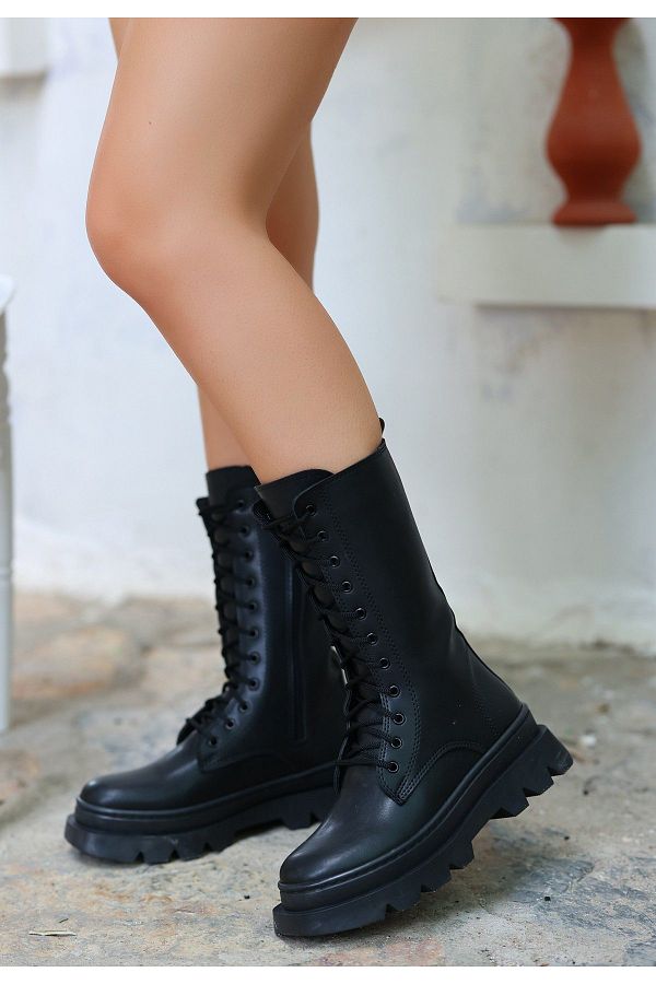 K G foot rest Boots Black Leather Laced Trendyol