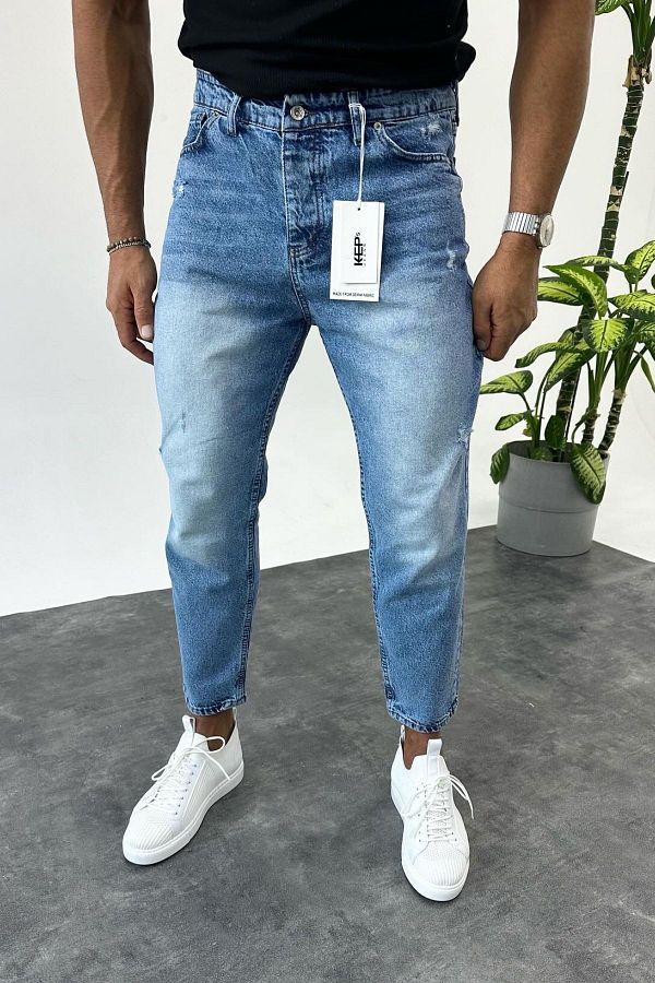 MADZEYMODA-Férfi Boyfriend szakadt részletes kék Jean farmernadrág 1