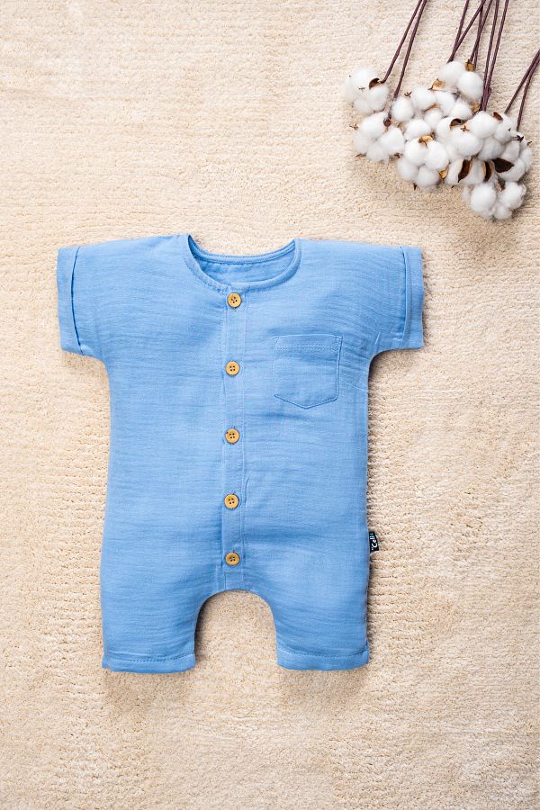 Mai Perla-Organic Cotton Jumpsuit with Muslin Fabric - Wooden Button and Pocket 1