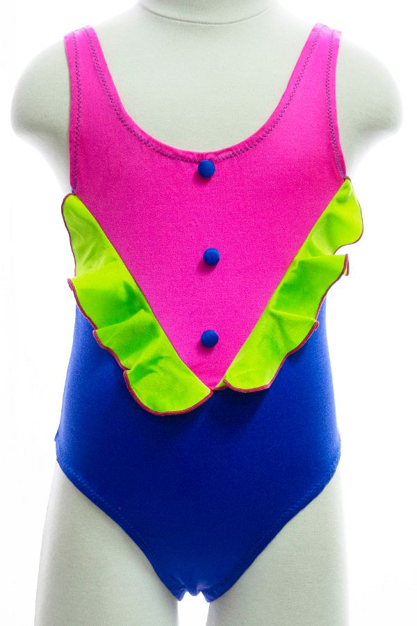 Sude-Ayl Girl - Saxe Color BlocK Plain Swimsuit with Frill on the Front anD Button Decoration 019 1