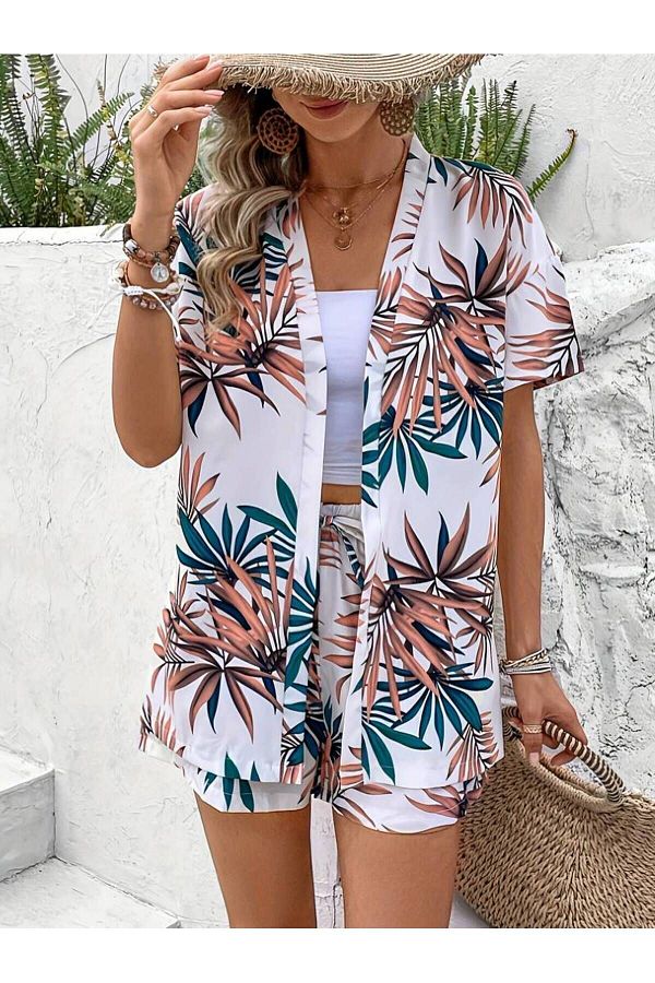 Hemera Giyim Vacation Style Tropical Printed Shorts Set Open Front Short Sleeve Flap Blouse and Lace Up Shorts Trendyol