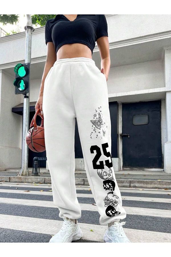 Mythologie-25 Skull Sweatpants Jogger - Iarnă cu talie înaltă cu picior din cauciuc cu imprimeu alb 1
