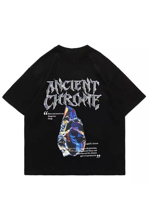 Mythologie-Ancient Chrome Design T-shirt - Black, Printed, Oversize, Crew Neck, Short Sleeve 1