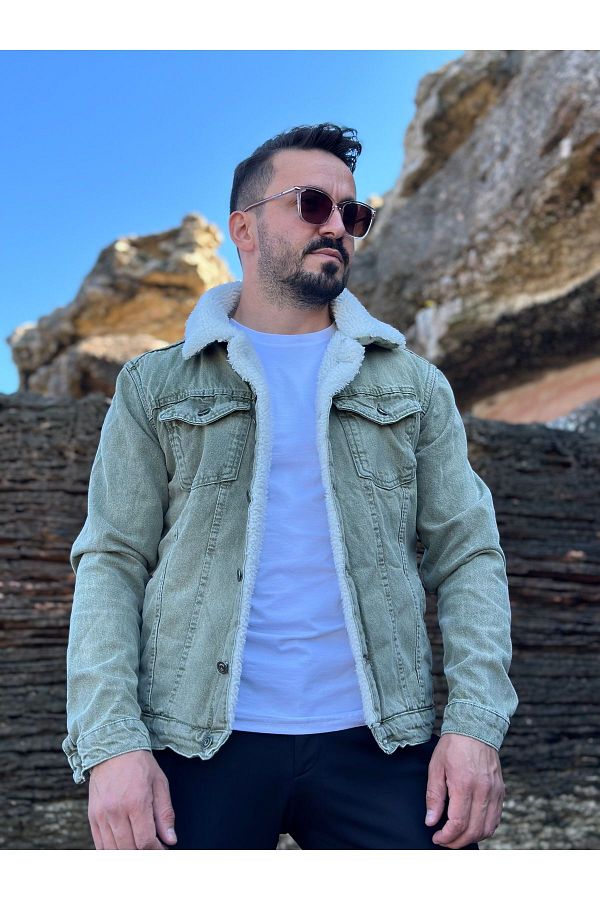 wegamen Men s Slim Fit Furry Denim Jacket