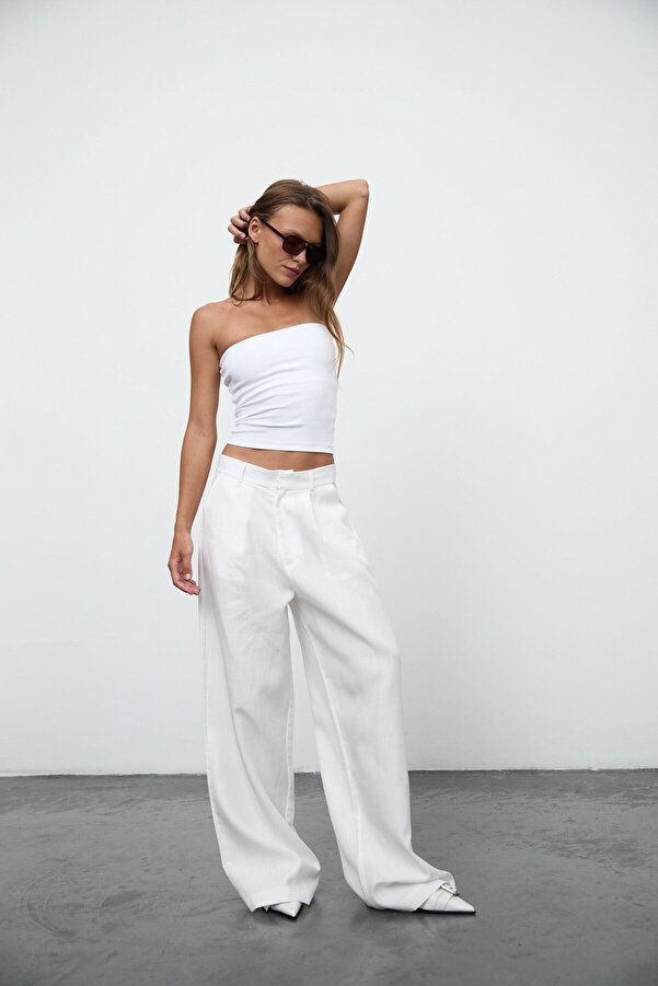 South Coast Loose Cut White Linen Trousers- Trendyol